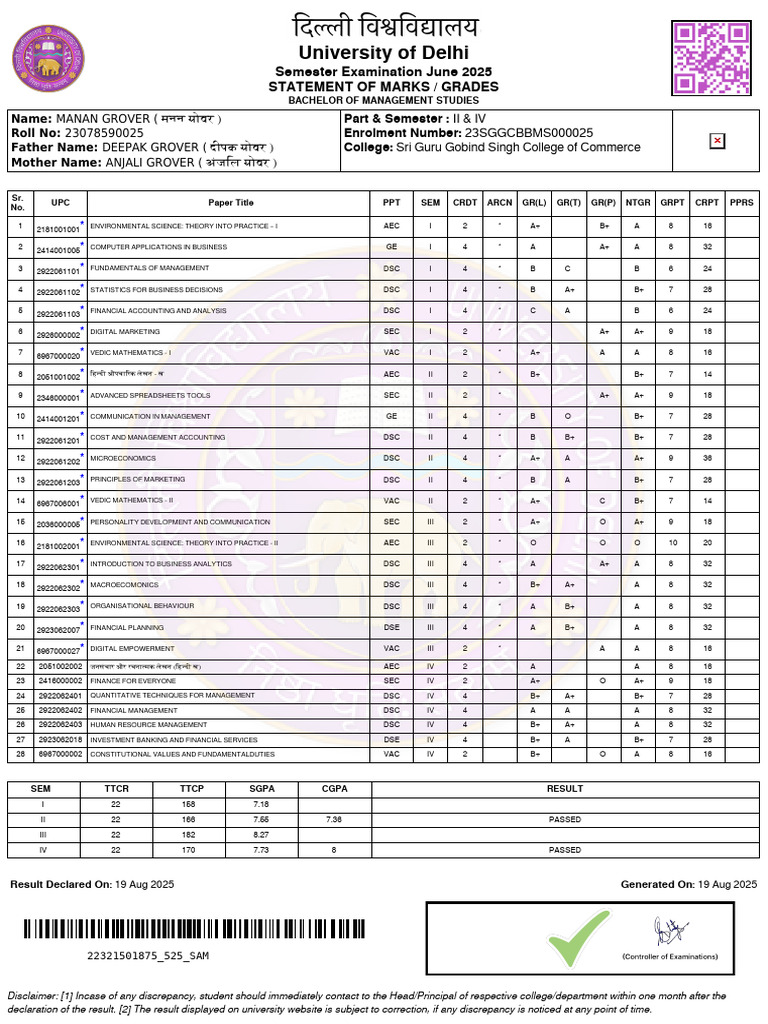 University of Delhi: Semester Examination June 2025 Statement of Marks ...