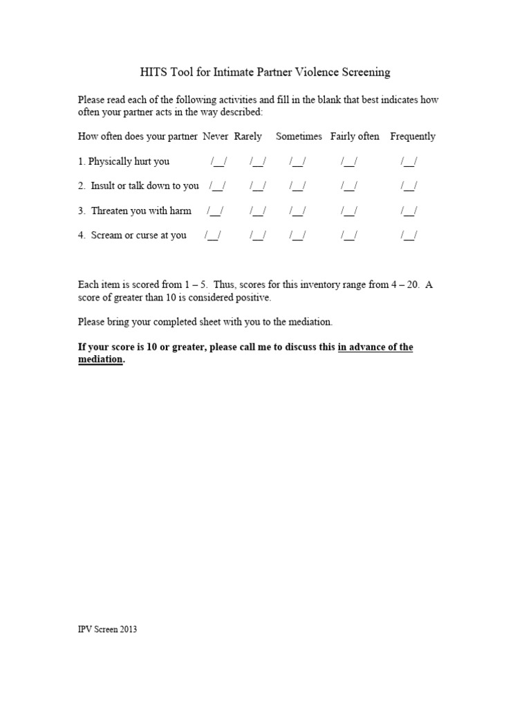 Hits Tool For Intimate Partner Violence Screening | PDF