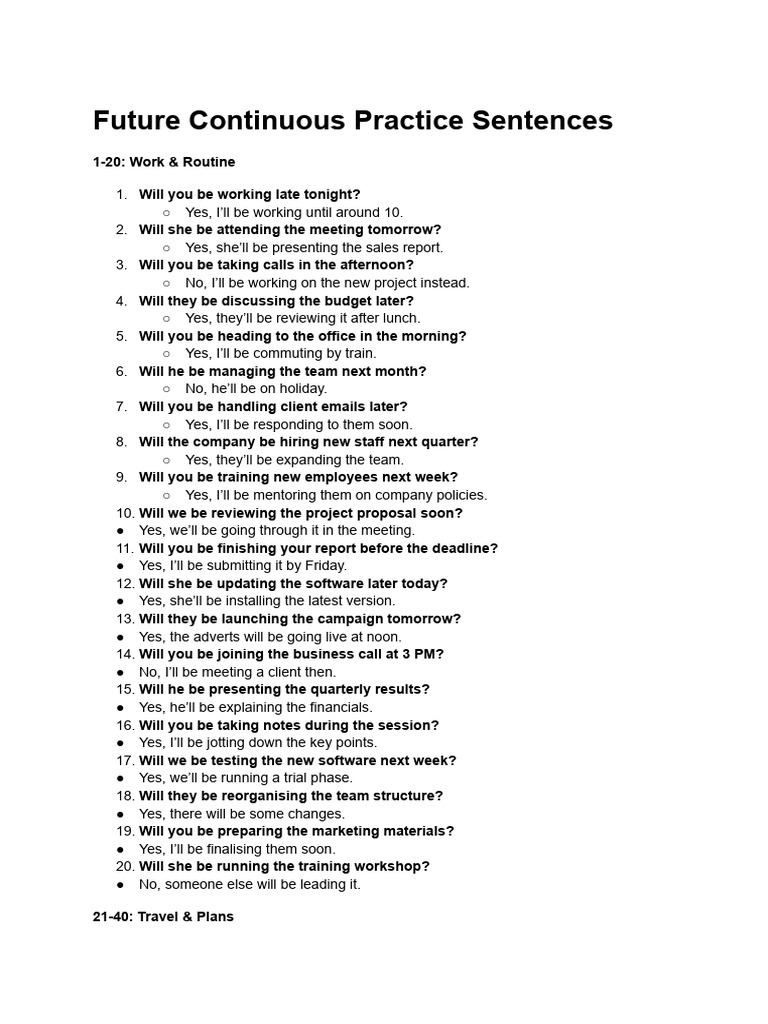Future Continuous Tense Practice Sentences | PDF