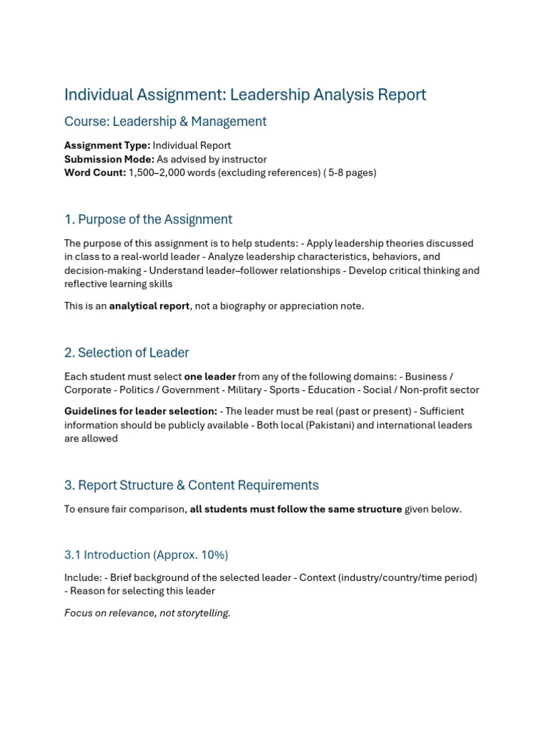 Leadership Analysis Report Guidelines | PDF | Leadership | Critical ...