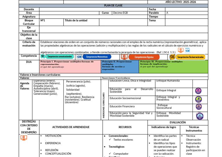 Plan de Clase para Décimo EGB 2025-2026 | PDF | Plan de estudios ...