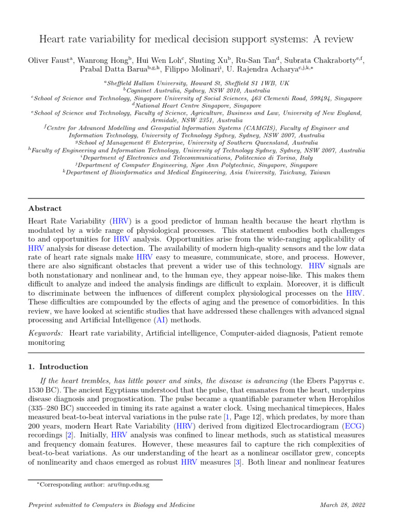 Heart Rate Variability For Healthcare Systems A Review Final | PDF ...