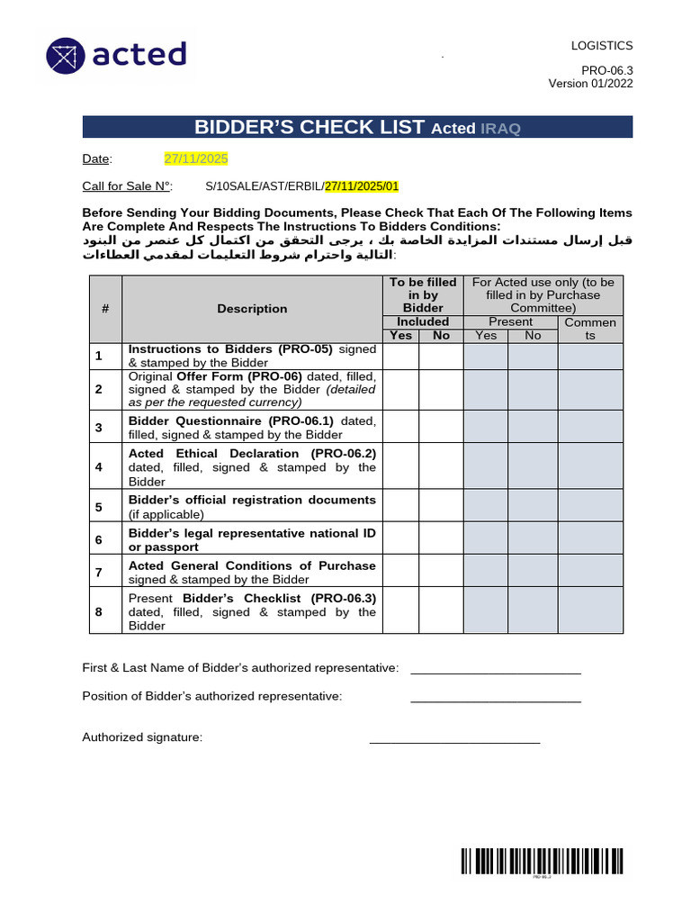 Bidder's Checklist for Acted Iraq | PDF