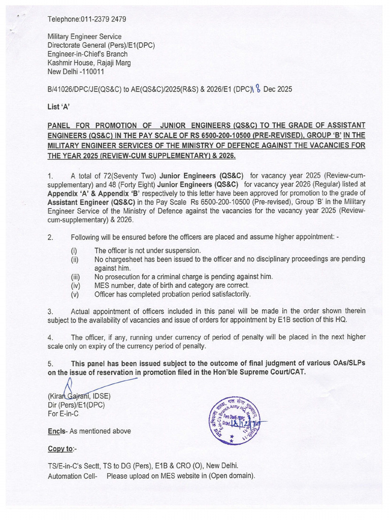 MES Promotion Panel for Junior Engineers | PDF