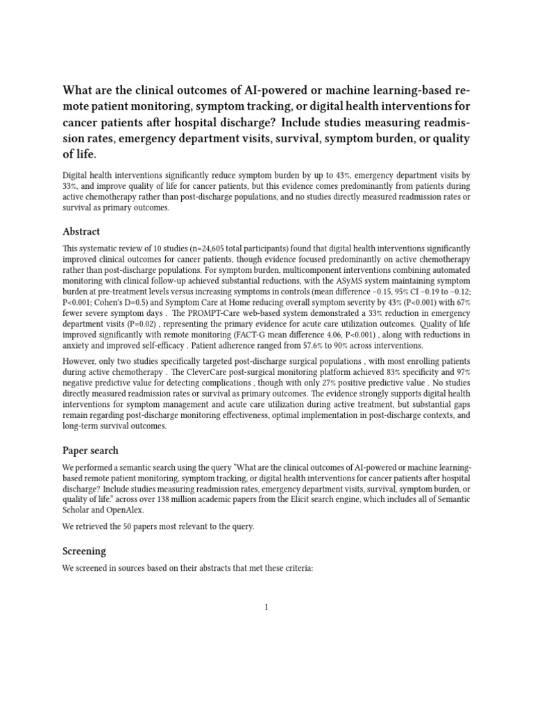 Elicit - AI-Enhanced Remote Monitoring in Cancer Care - Report | PDF ...