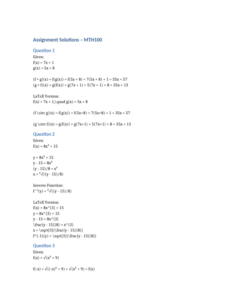 MTH100 Assignment Solutions | PDF