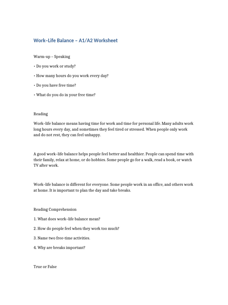 Work-Life Balance A1/A2 Worksheet | PDF