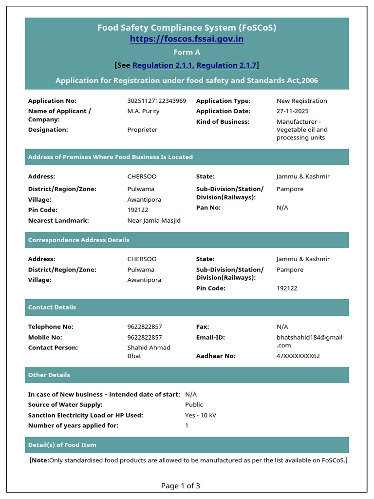 Food Safety Registration Application | PDF