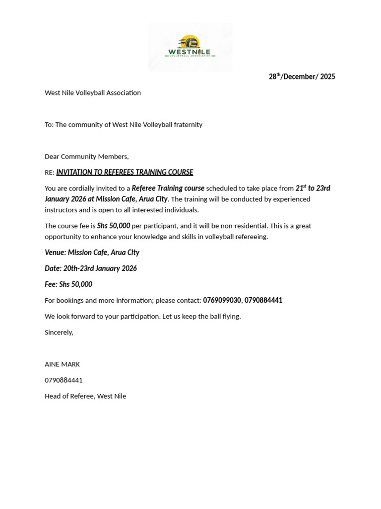 Referee Training Course Invitation 2026 | PDF