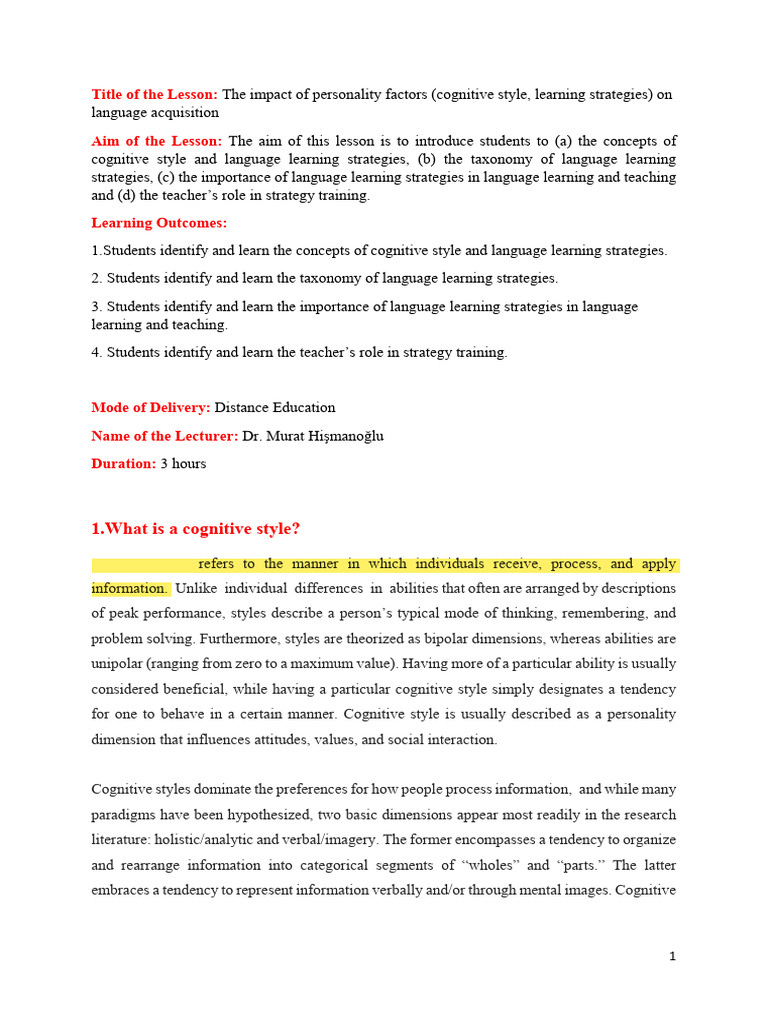 Personality Factors in Language Learning | PDF | Learning | Metacognition
