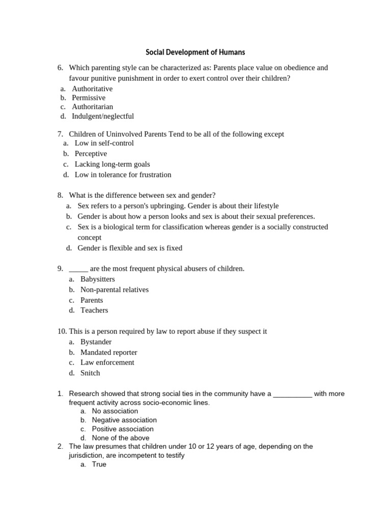 Social Development of Humans Quiz | PDF | Social Inhibition | Empathy