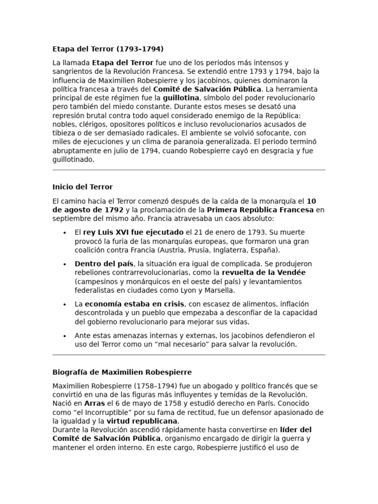 Etapa del Terror en la Revolución Francesa | PDF | Reino del terror ...