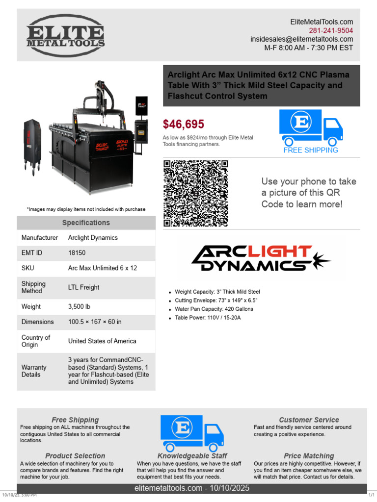 Arclight Arc Max Unlimited 6x12 CNC Plasma Table With 3 Thick Mild ...