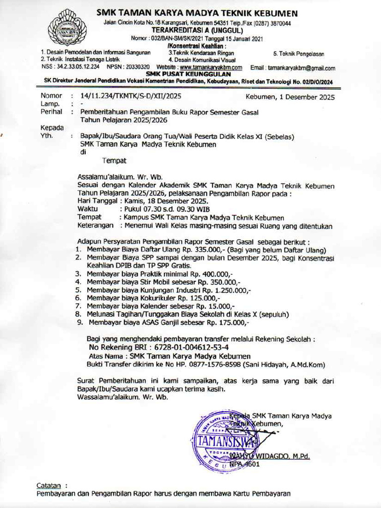 Info Pengambilan Rapor Kelas 11 | PDF