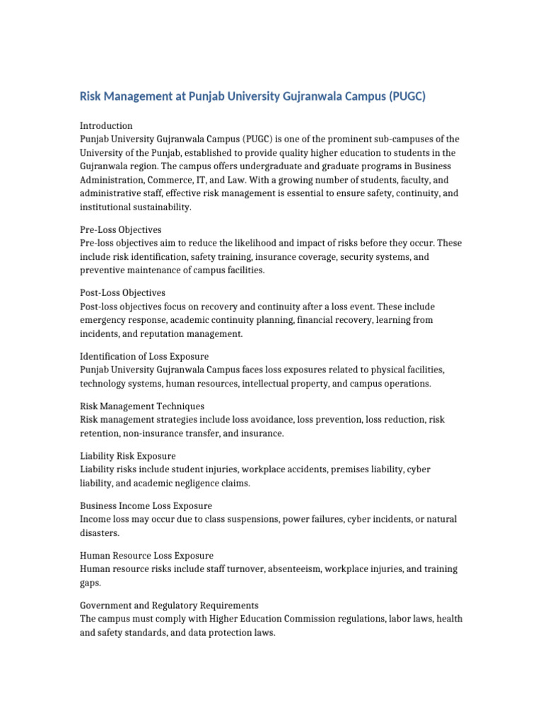 Risk Management PUGC Assignment | PDF