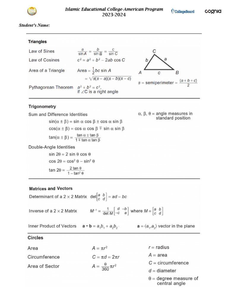 Math Reference Sheet G11 2 | PDF