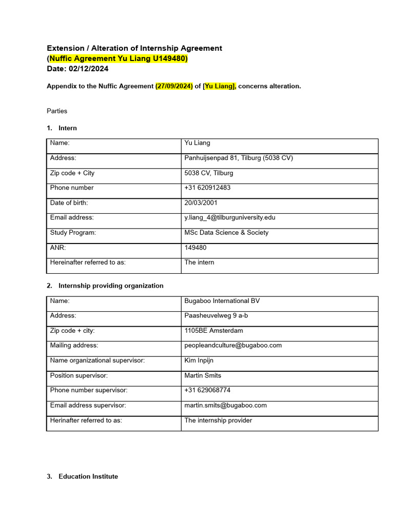 Internship Agreement Extension for Yu Liang | PDF