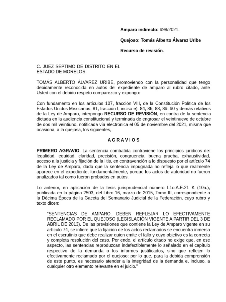 Recurso de revisión en amparo 998/2021 | PDF | Caso de ley | Sentencia ...