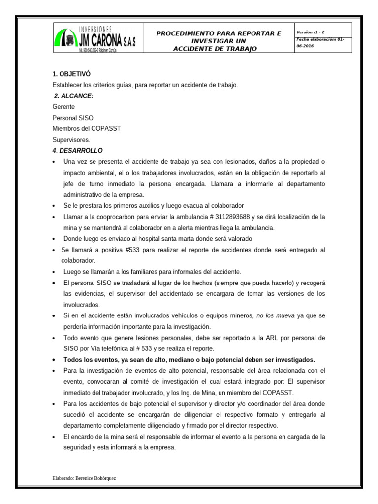 Procedimiento para Reportar Accidentes Laborales | PDF