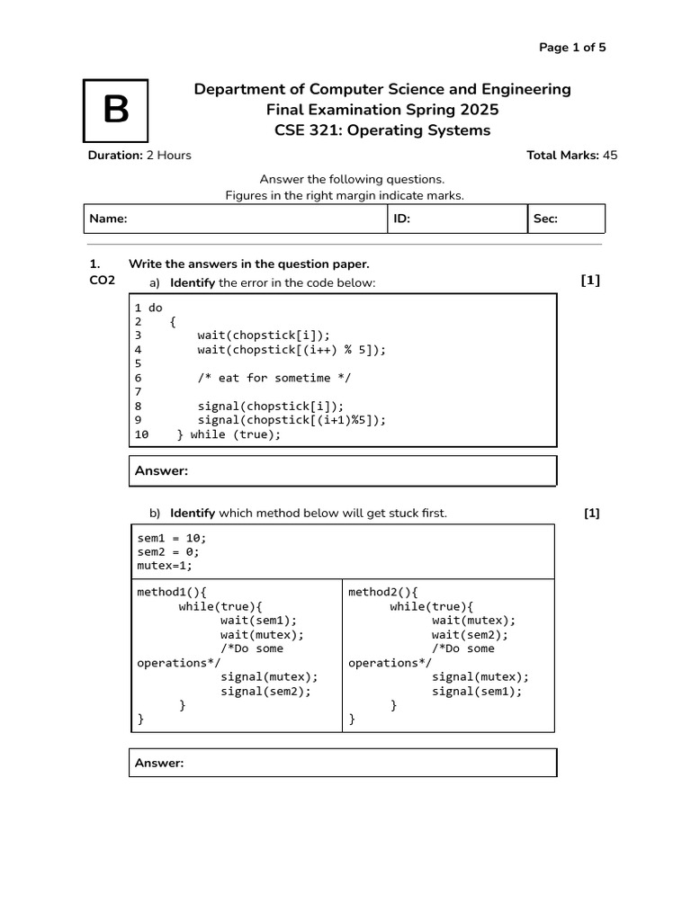 CSE 321 Operating Systems Exam Spring 2025 | PDF | Cpu Cache | Computer ...