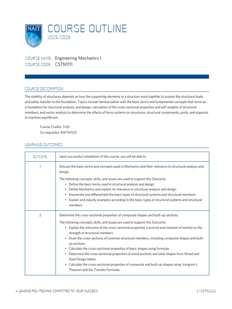 Engineering Mechanics I Course Outline | PDF | Force | Structural Analysis