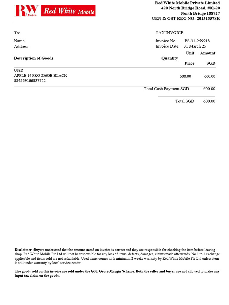 Tax Invoice for Used Apple 14 Pro | PDF