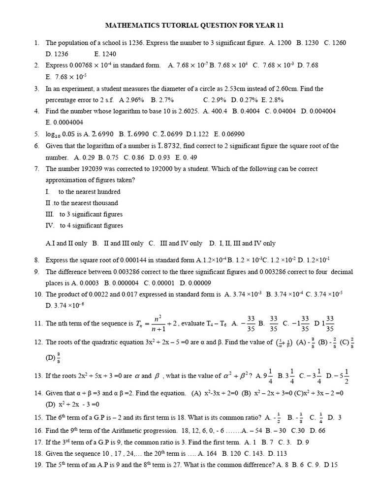 Year 11 Mathematics Tutorial Questions | PDF | Significant Figures ...