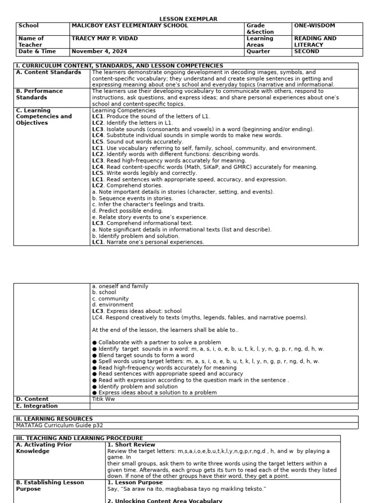 Grade 1 Reading Lesson Plan | PDF | Communication | Learning