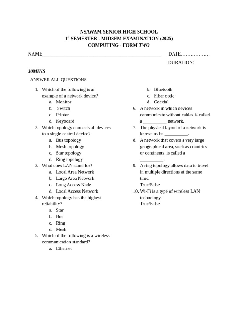 Computing Midterm Exam for Form Two | PDF | Network Topology | Computer ...