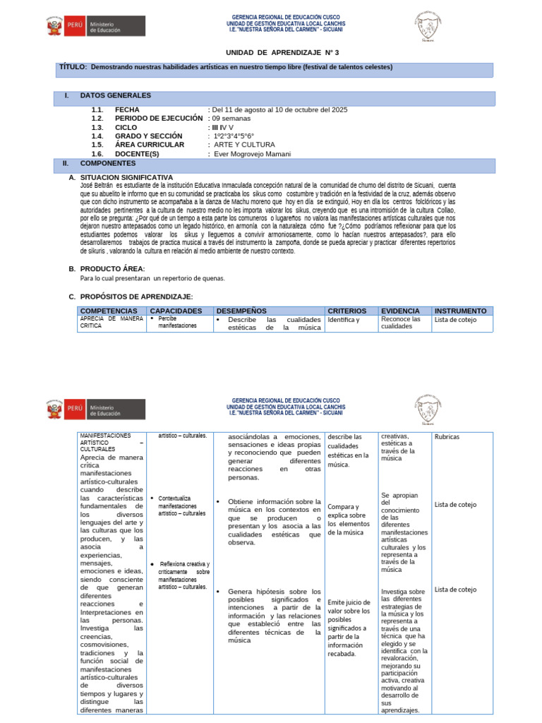 III UNIDAD DE APRENDIZAJE de ARTE Y CULTURA-1°,2°,3°,4°5°,6° | PDF ...