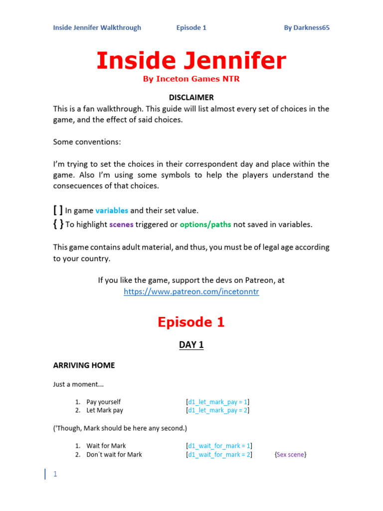Inside Jennifer Episode 1 Walkthrough | PDF