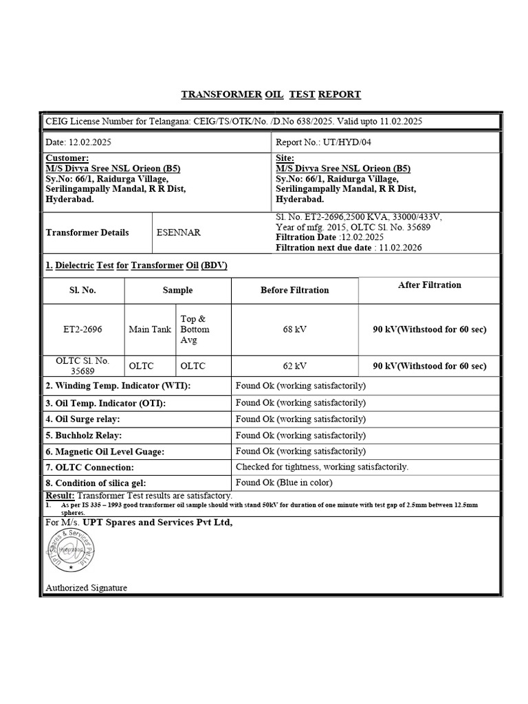 Transformer Oil Test Report Summary | PDF | Chess Theory | Electrical ...