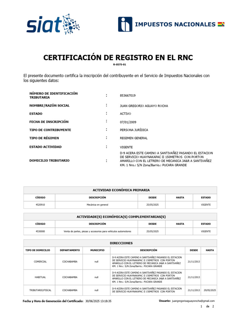 Certificación RNC Juan Aguayo Rocha | PDF