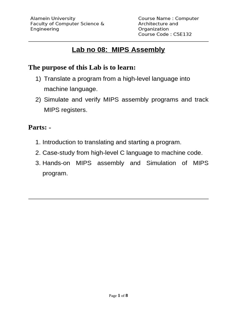 MIPS Assembly Lab: High-Level to Machine Code | PDF | Assembly Language ...