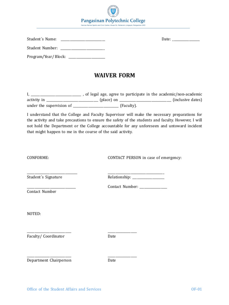 Student Activity Waiver Form | PDF