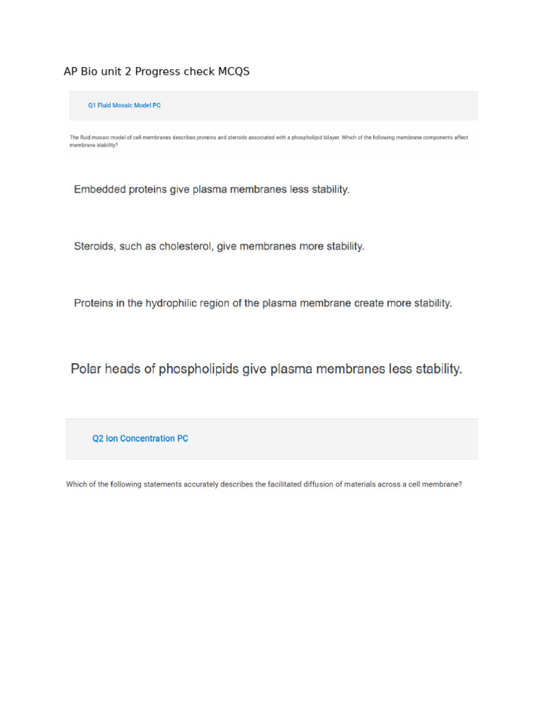 AP Bio Unit 2 Progress Check MCQS | PDF