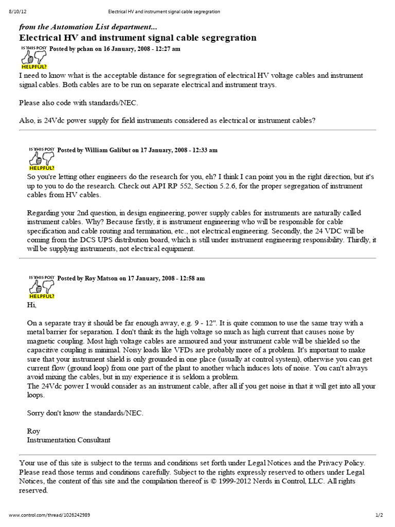 HV and Instrument Cable Segregation Guide | PDF | Power Supply ...