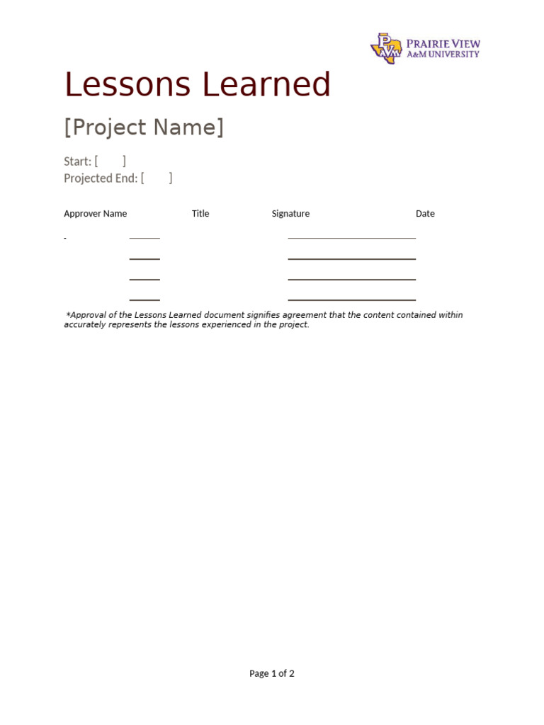 Project Lessons Learned Document | PDF