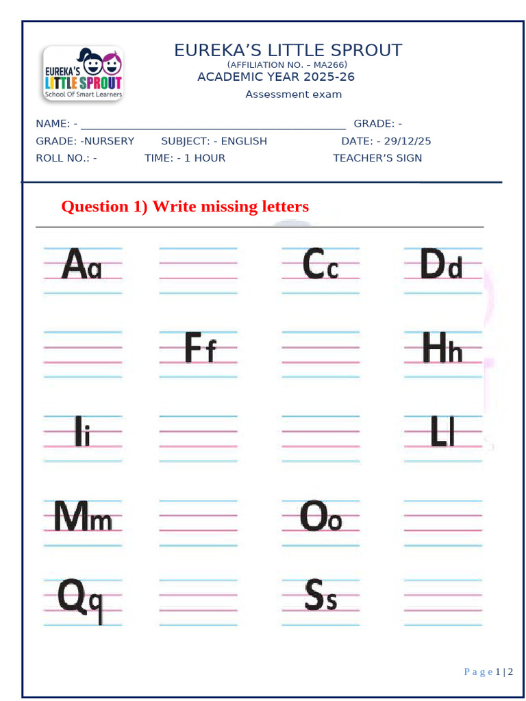 Nursery - English Que Paper 2025 - 26 | PDF