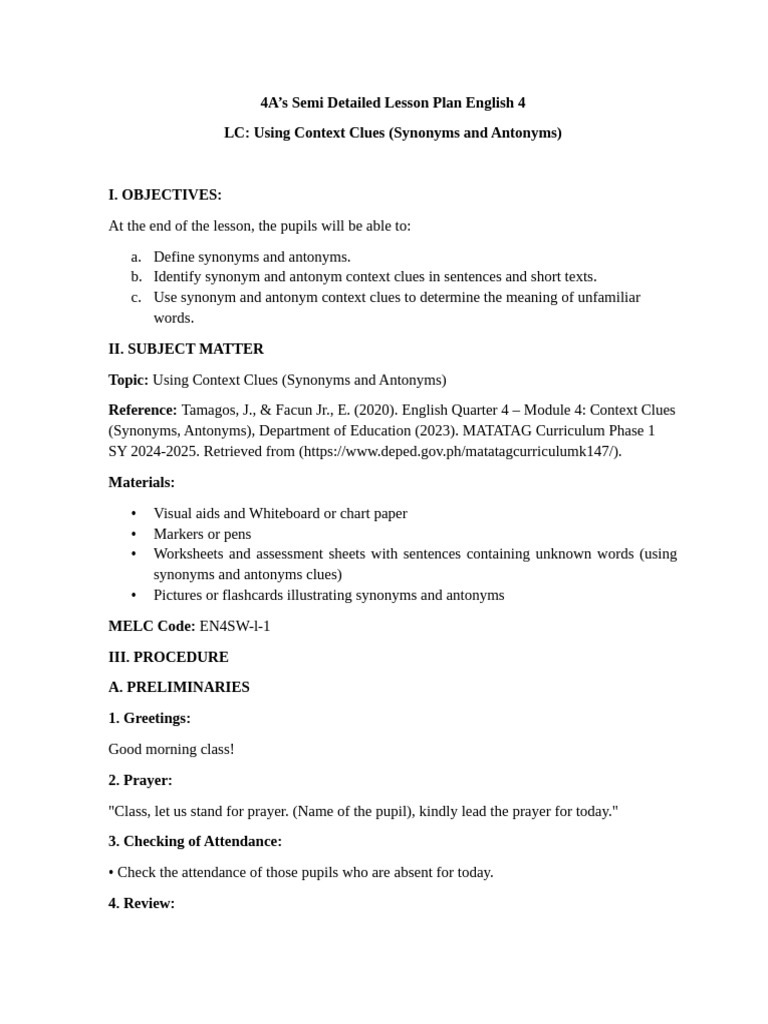 Lesson Plan: Context Clues in English 4 | PDF | Linguistics
