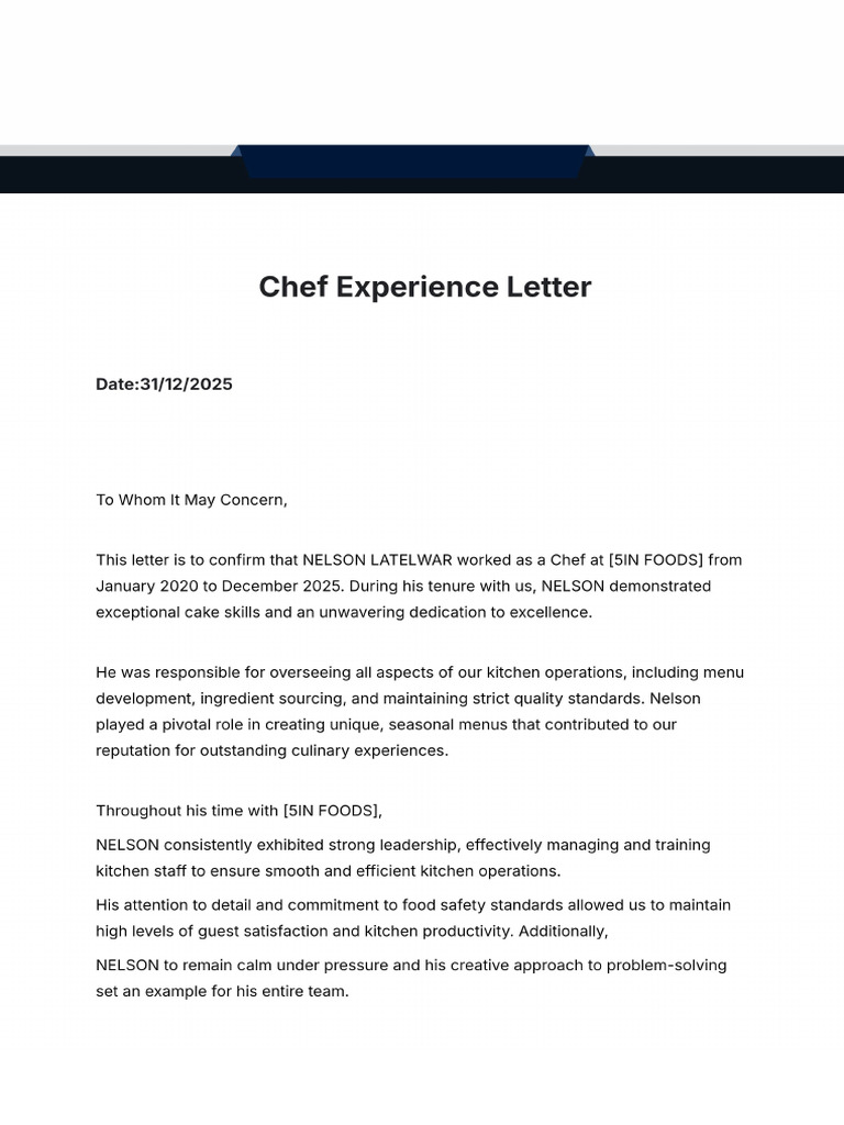 Chef Experience Letter Template | PDF