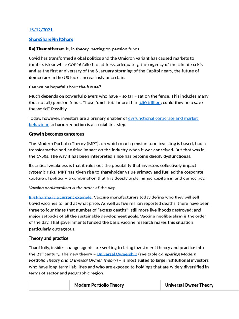 Pension Funds and Universal Ownership Theory | PDF | Modern Portfolio ...