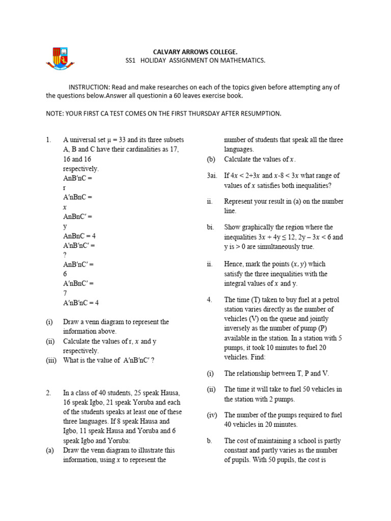 Calvary College Holiday Math Assignment | PDF | Algebra | Arithmetic