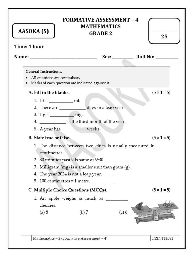 Grade 2 Mathematics Assessment 4 | PDF | Units Of Measurement