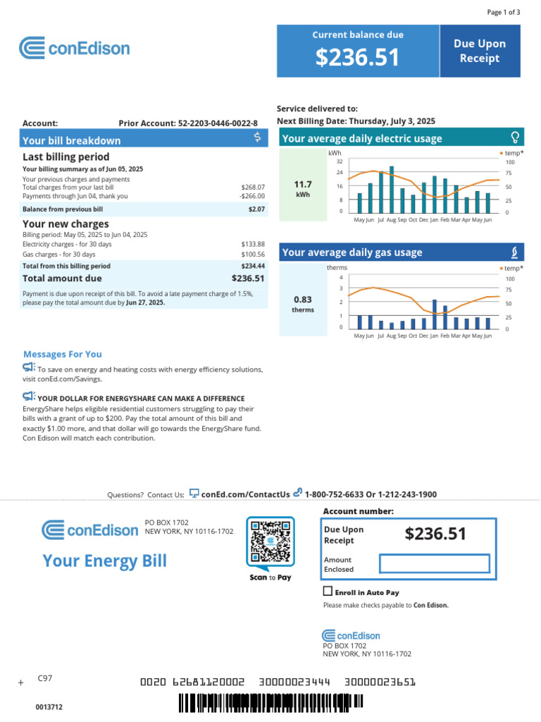 Con Edison Bill Summary for June 2025 | PDF | Power (Physics)