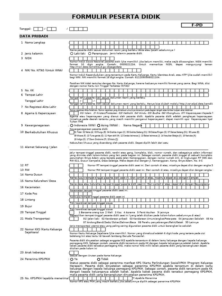 Formulir Data Peserta Didik Sekolah | PDF