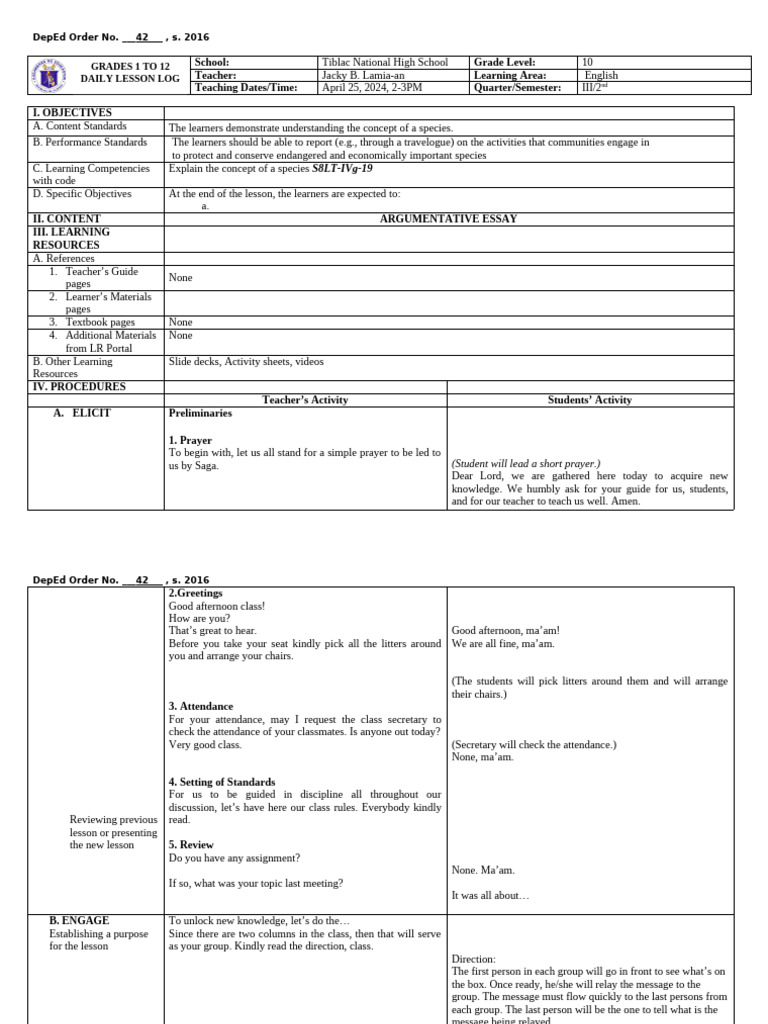 Grade 10 Argumentative Essay Lesson Plan | PDF | Learning | Essays