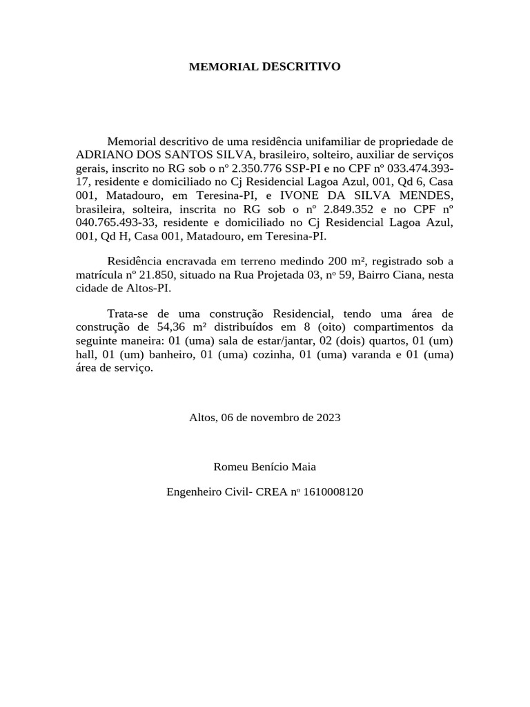 Memorial Descritivo de Residência em Altos | PDF