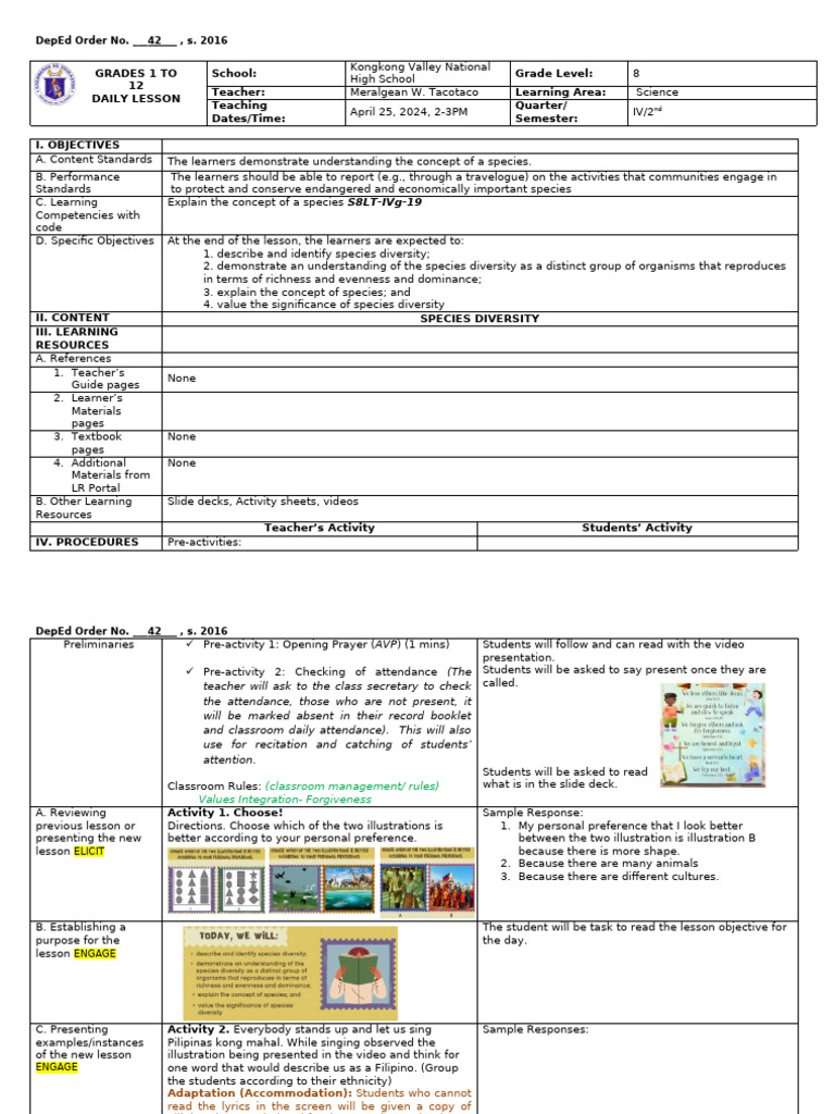 Lesson Plan on Species Diversity | PDF | Species | Teachers