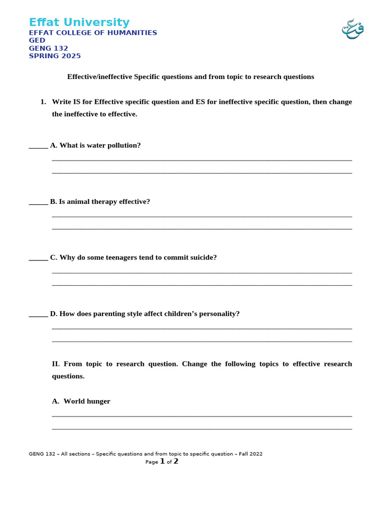 Activitiy On Effective-Ineffective Specific Questions and From Topic To ...